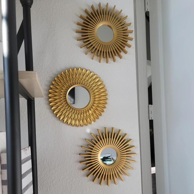 3 peças de espelhos dourados para decoração de parede, casa, quarto, banheiro, ornamento pendurado, suprimentos de artesanato, espelho decorativo de girassol dourado