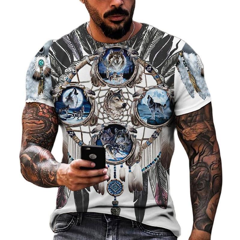Men's Shirt Casual Harajuku T-shirt Animal Summer Retro Indian Print Men's Street Crew Neck Short Sleeve Design Large