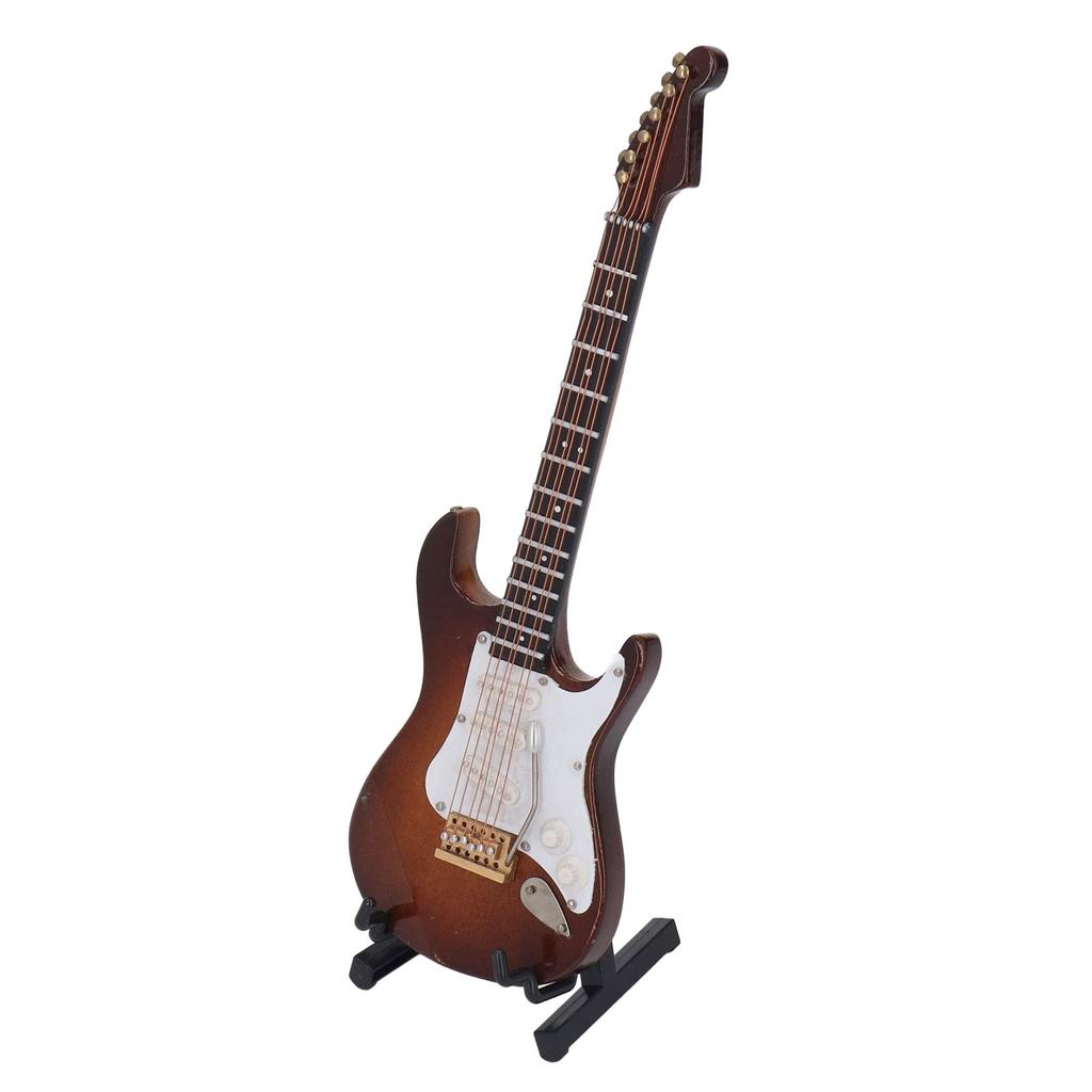 Miniature Electric Guitar Coffee Color 7.1in Long Wood Coated Surface Mini Guitar Model with Holder