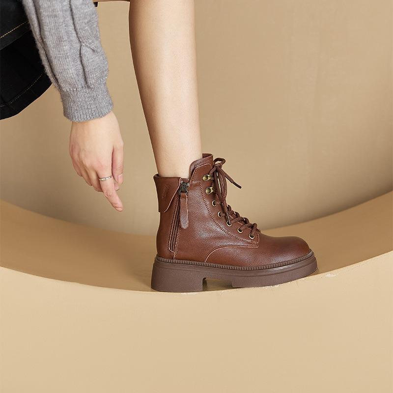 Podzimní Kožené Retro Martinky Dámské Boty na Platformě s Dvojitým Zipem Ležérní Boty Dámské Šněrovací Dámské Kožené Boty
