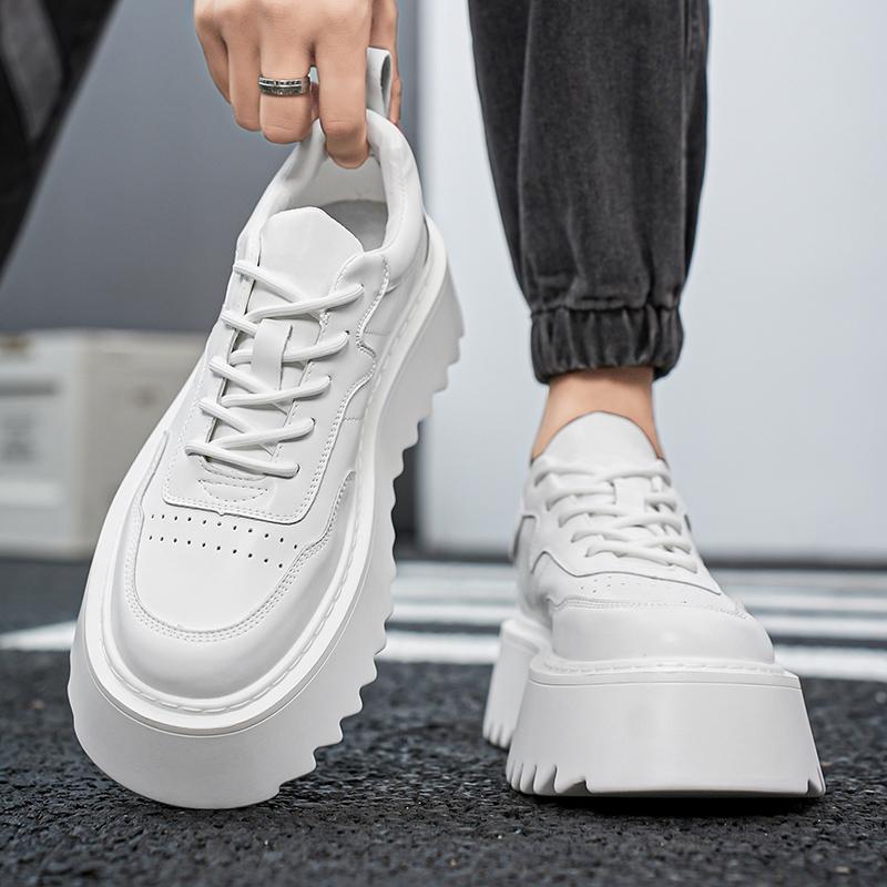 Sneakers Casual Men Genuine Leather White Shoes Fashion Upper Height Increased Platform Flat Shell Toe Board Shoes