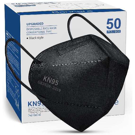 Boncare KN95 Face Masks 50 Pack, Black, 5-Layer Disposable Face Masks, Breathable and Comfortable