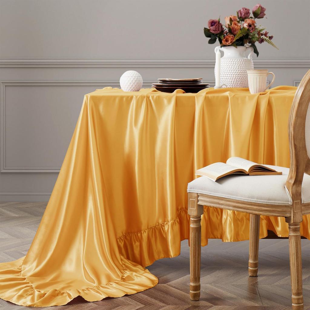 Gold Satin Tablecloth Rectangle Ruffled Table Cover,Ruffle Table Skirt for Kitchen Dining Weddings Dining Table Home Decoration