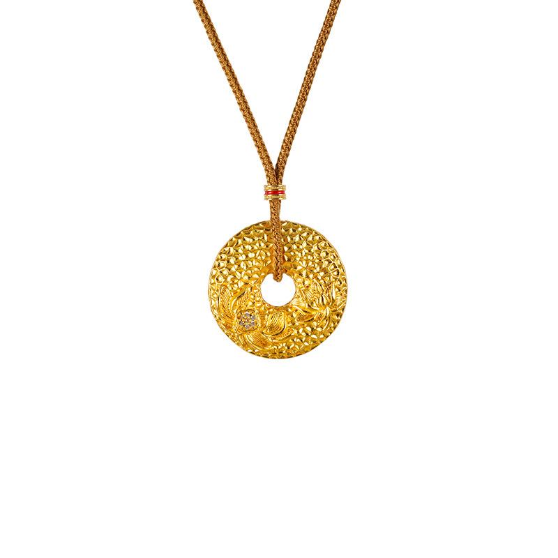New Chinese Style Hammer Pattern Hollow Point Diamond Lotus Peace Buckle Retro Jewelry Necklace Pendant