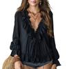 Women's V-Neck Ruffle Blouse Long Sleeve Casual Loose Fit Color Top
