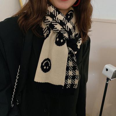 Cute Girl Smiling Face Scarf Ins Korean Style Wool Double Sided Black and White Plaid Scarf Student Girl Shawl Korean New