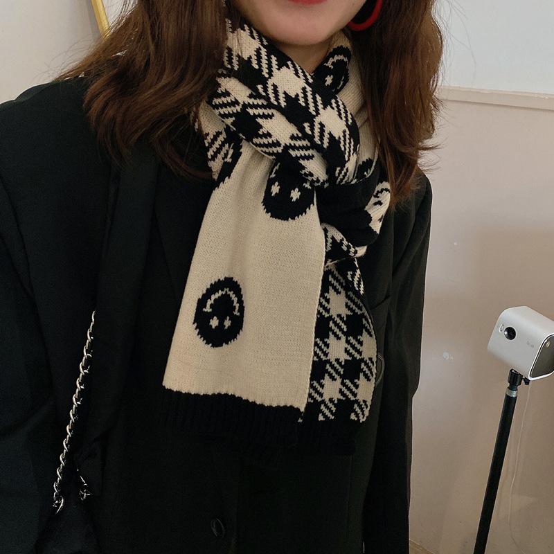 Cute Girl Smiling Face Scarf Ins Korean Style Wool Double Sided Black and White Plaid Scarf Student Girl Shawl Korean New