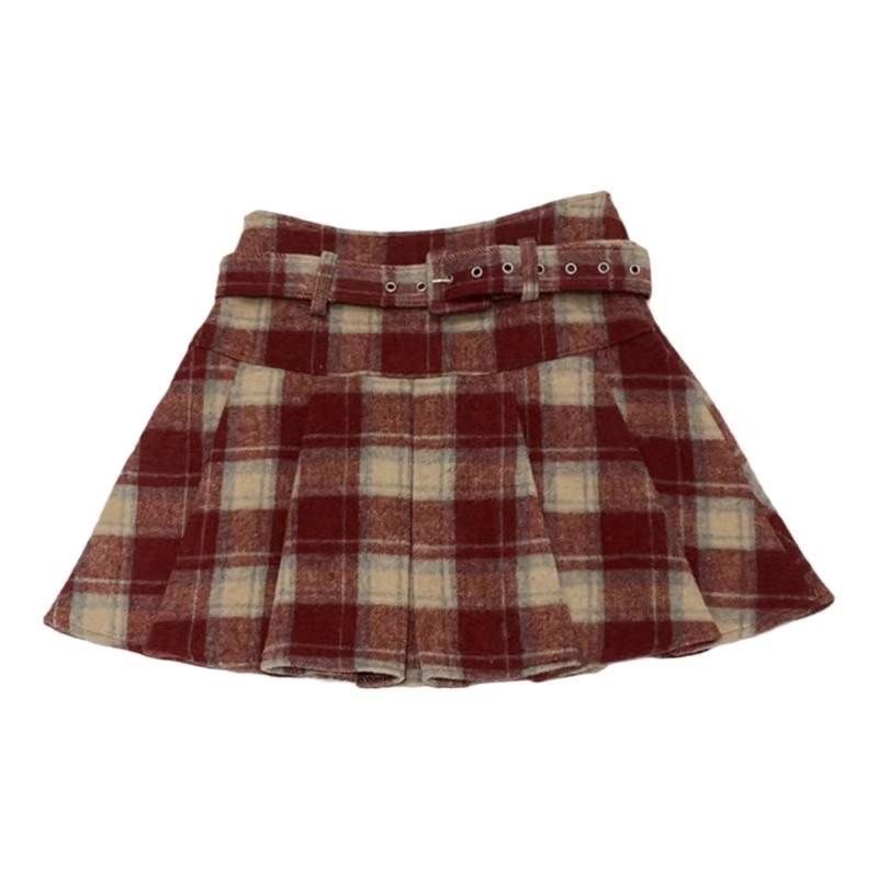 Women's Retro Plaid Wool Blend High Waist Pleated Skirt - Autumn/Winter Academy Style A-Line Short Skirt