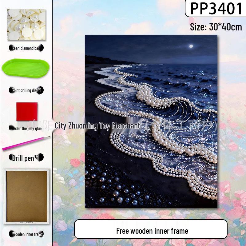 Handmade 3D Pearl Cross-Stitch Castle with Starry Sky Stickers and Indoor Decorative Frame