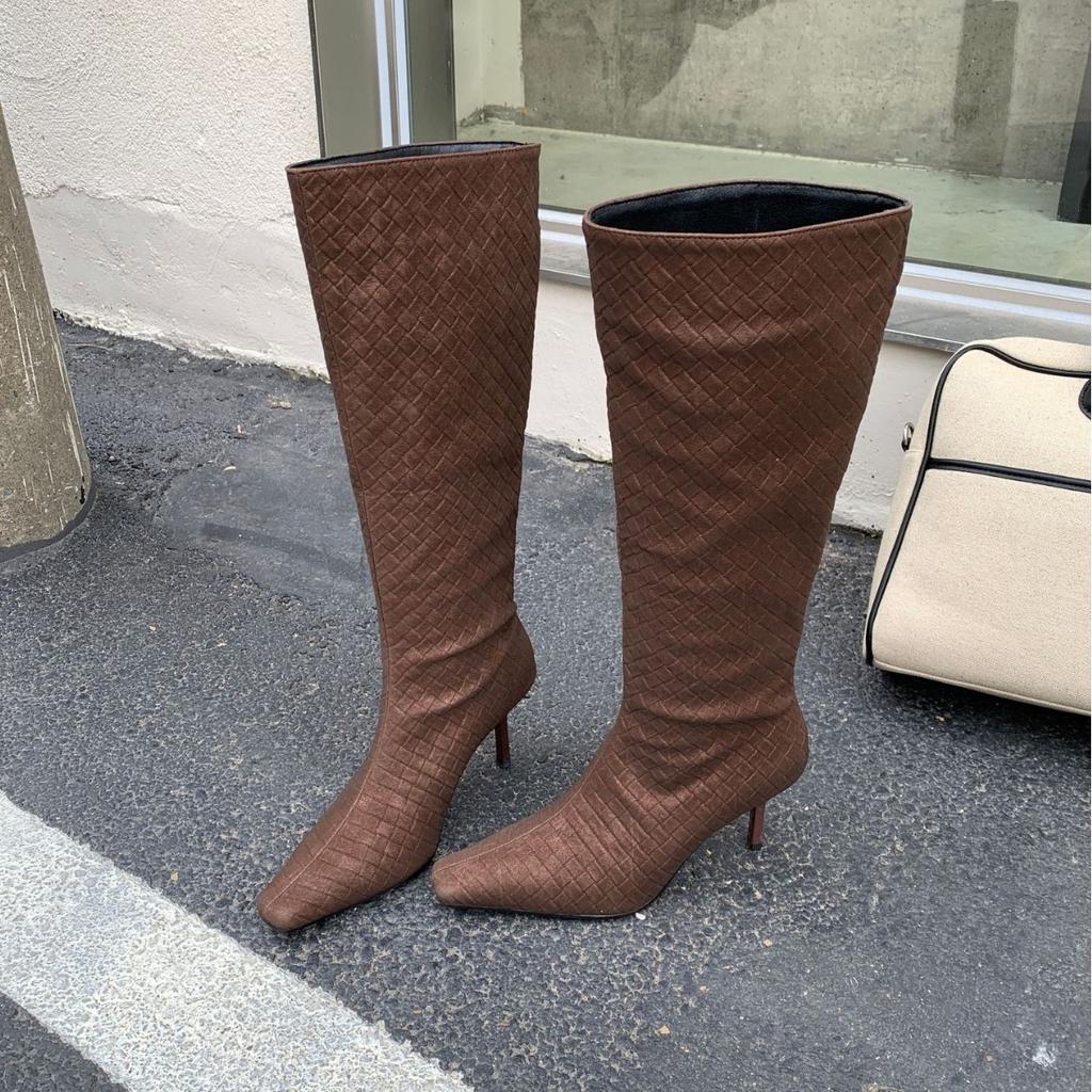 2025 autumn and winter new fashionable retro simple square head high-heeled boots simple wind fine high-heeled long boots but knee boots