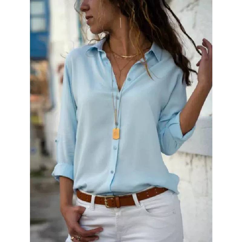 Womens Long Sleeve V Neck Button Chiffon Blouse With Cotton Polyester For Office Casual Wear
