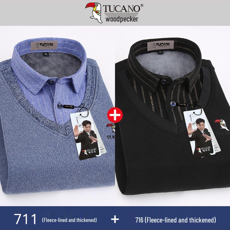 Woodpecker Men's Fleece-Lined Long Sleeve Two-in-One Thick Shirt Sweater for Dad