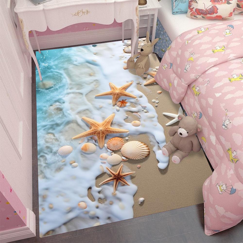 Large Vibrant Seaside 3D Area Rug with Waves and Sandy Beach Living Room Bedroom Non-slip Floor Carpet Home Decor