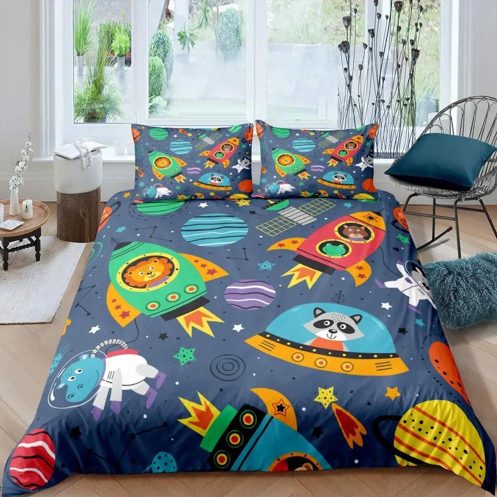 Sada povlaku na peřinu Rocket King Size Sada ložního prádla Vesmírná loď Twin Mikrovlákno Vnější prostor Galaxie Hvězdy Planeta Kreslený styl Povlak na přikrývku
