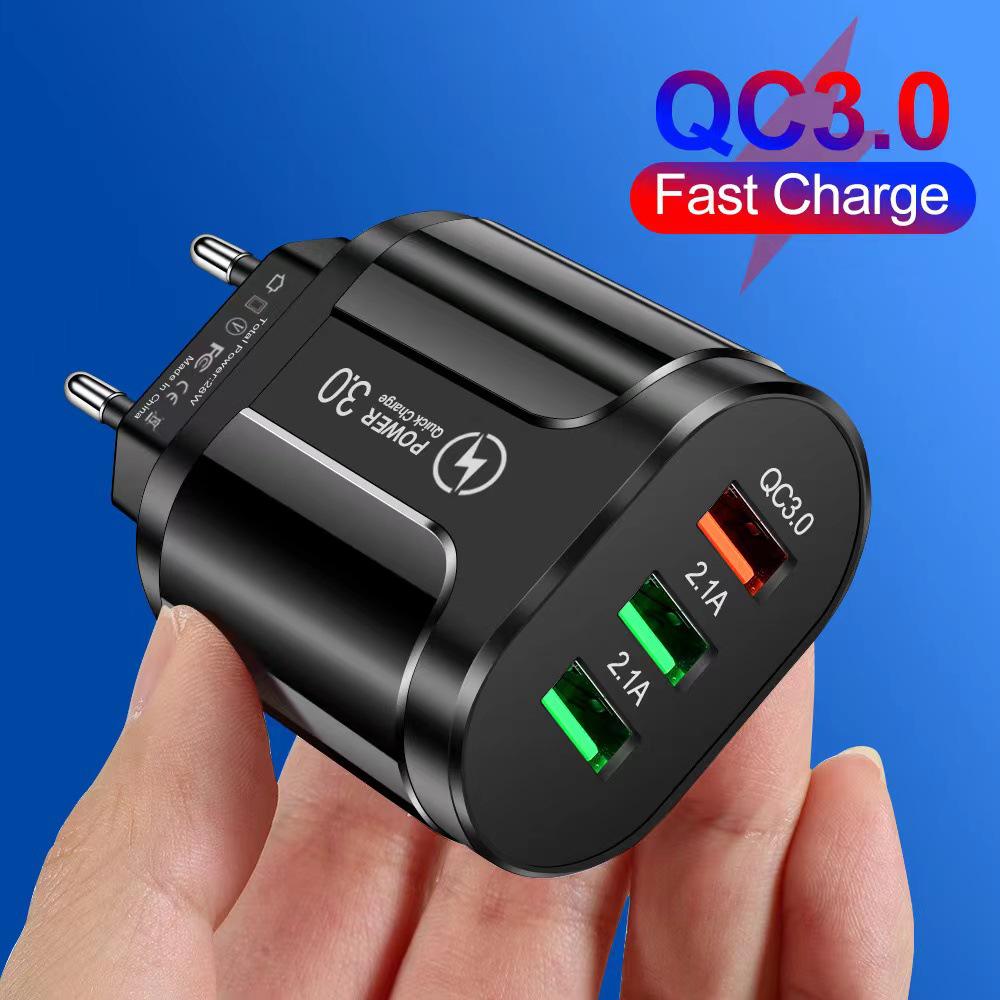 

QC3.0 Fast Charge USB Charger: Compatible with Apple, Huawei, European & American Standards, 3-in-1. US Black (Charger Only)