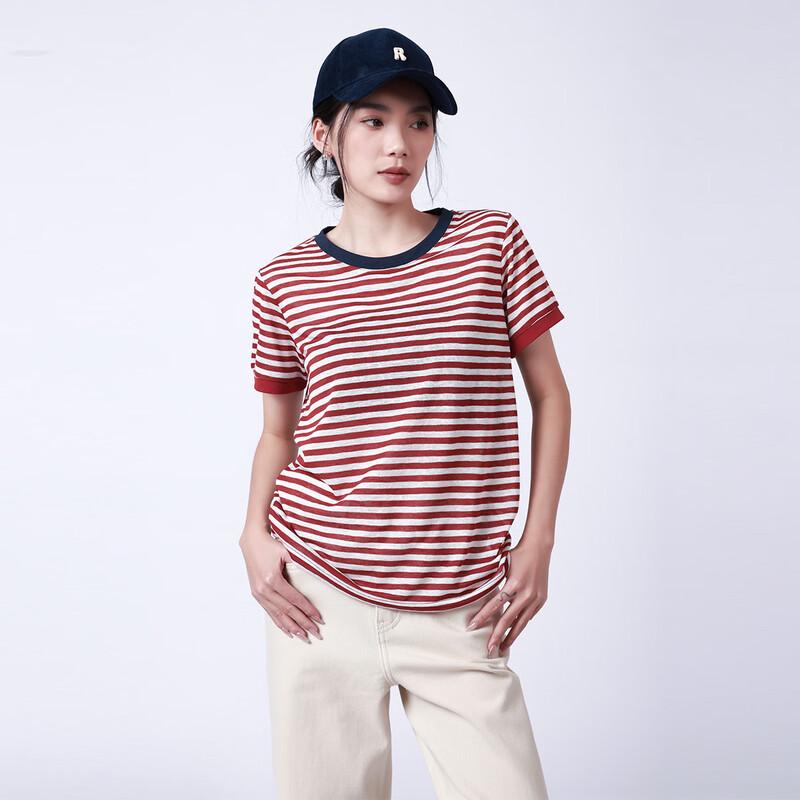RAIN.CUN Women's Red Stripe Knit T-Shirt