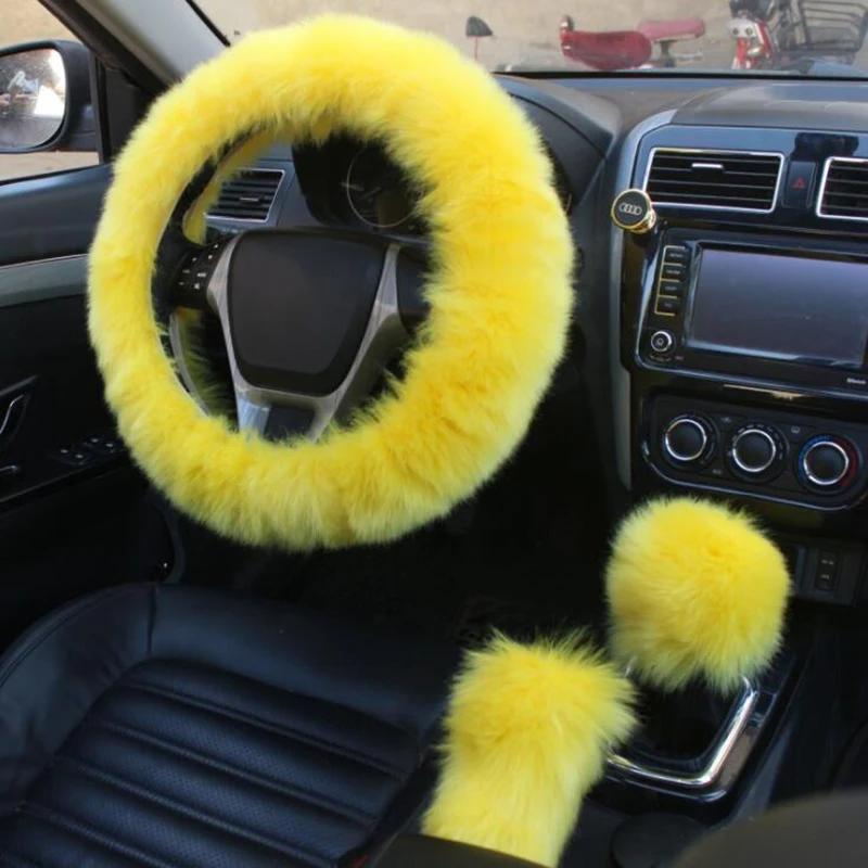 3Pcs/set Solid Soft Warm Long Wool Fuzzy Steering Wheel Cover Woolen Handbrake Car Accessory Sheep Fur Plush Protector Cover Kit