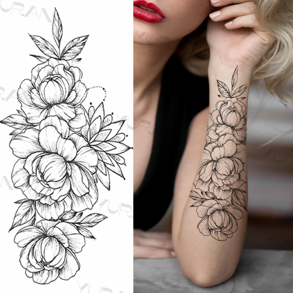 Zwarte Grote Slang Bloem Fake Tattoo Sticker Voor Vrouwen Dot Rose Pioen Tijdelijke Tattoos DIY Water Transfer Tatoos Meisjes