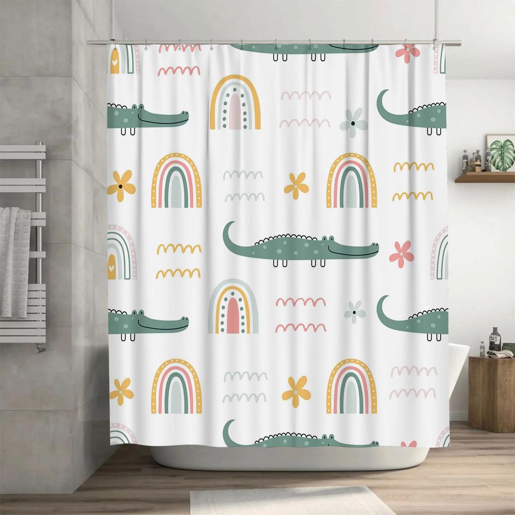 Cute Cartoon Alligator Printed Shower Curtain Waterproof Bathroom Decor Fabric for Kids Bathrooms Green Rainbow Set 180x200cm