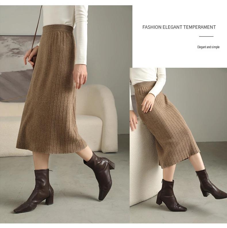 Women's Slim Fit Vertical Stripe Wool Midi Skirt - Versatile Cashmere Knit