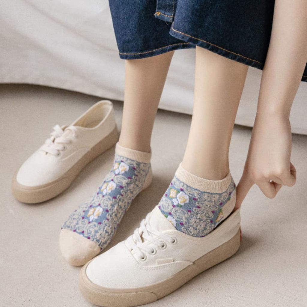 and Cute Floral Embroidered Cold Sizes Z2 Women's Socks, Spring, Autumn, Winter, 6-Pair Set, Cotton, Mid-Weight Socks, Breathable, Warm,