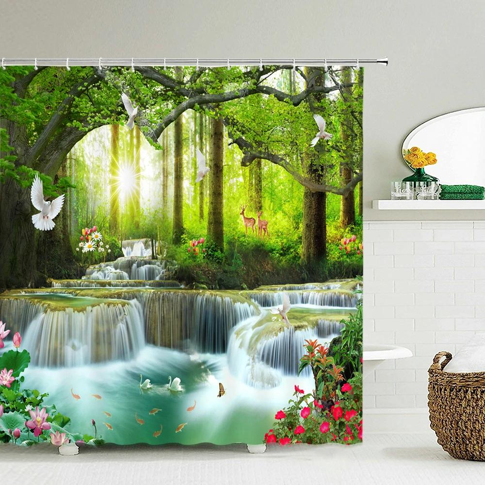 Bathroom Shower Curtain 3D Nature Forest Landscape Print Polyester Waterproof Curtain Home Decoration Curtain with Hook 180x200