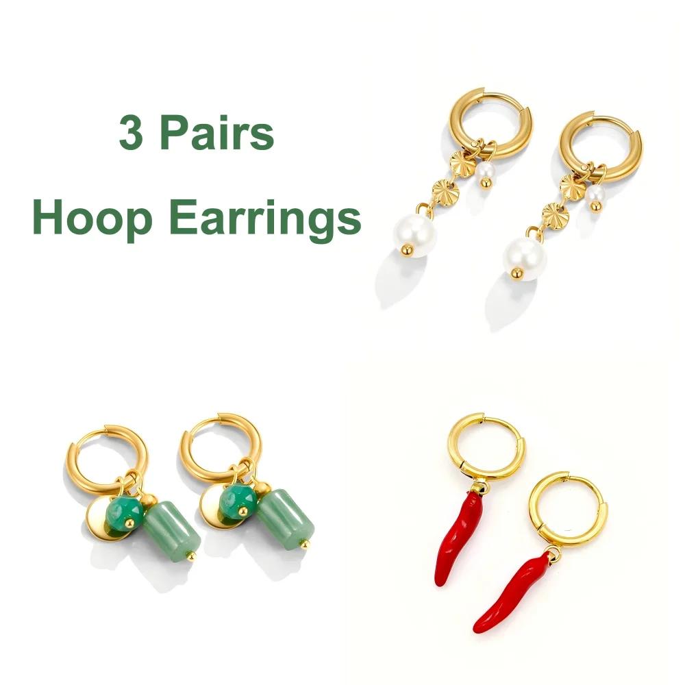 1/3Pairs Pearl Dangle Gold Huggie Hoop Earrings for Women Titanium Steel Statement Stacking Daily Jewelry Gift