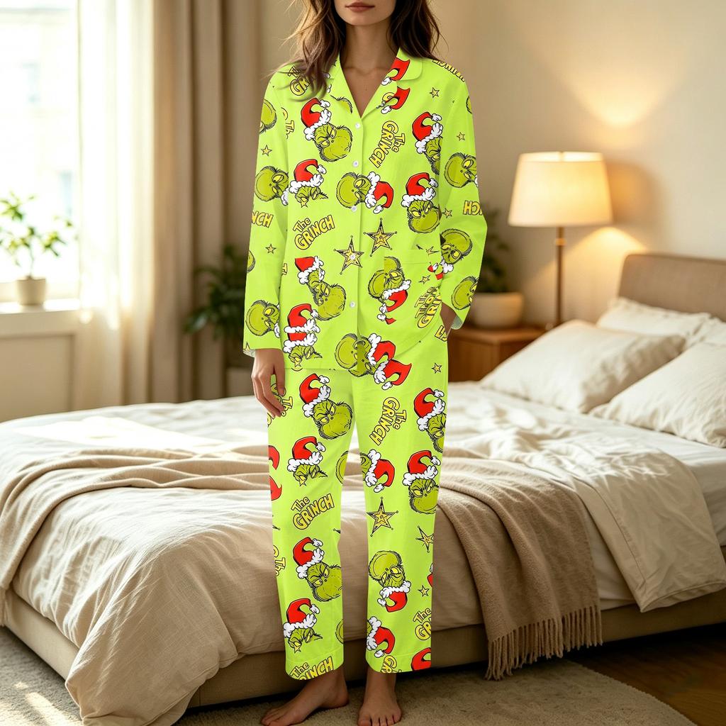 Women's Casual Long Sleeve Set with Pants, Holiday Print, Comfortable Loungewear for Home