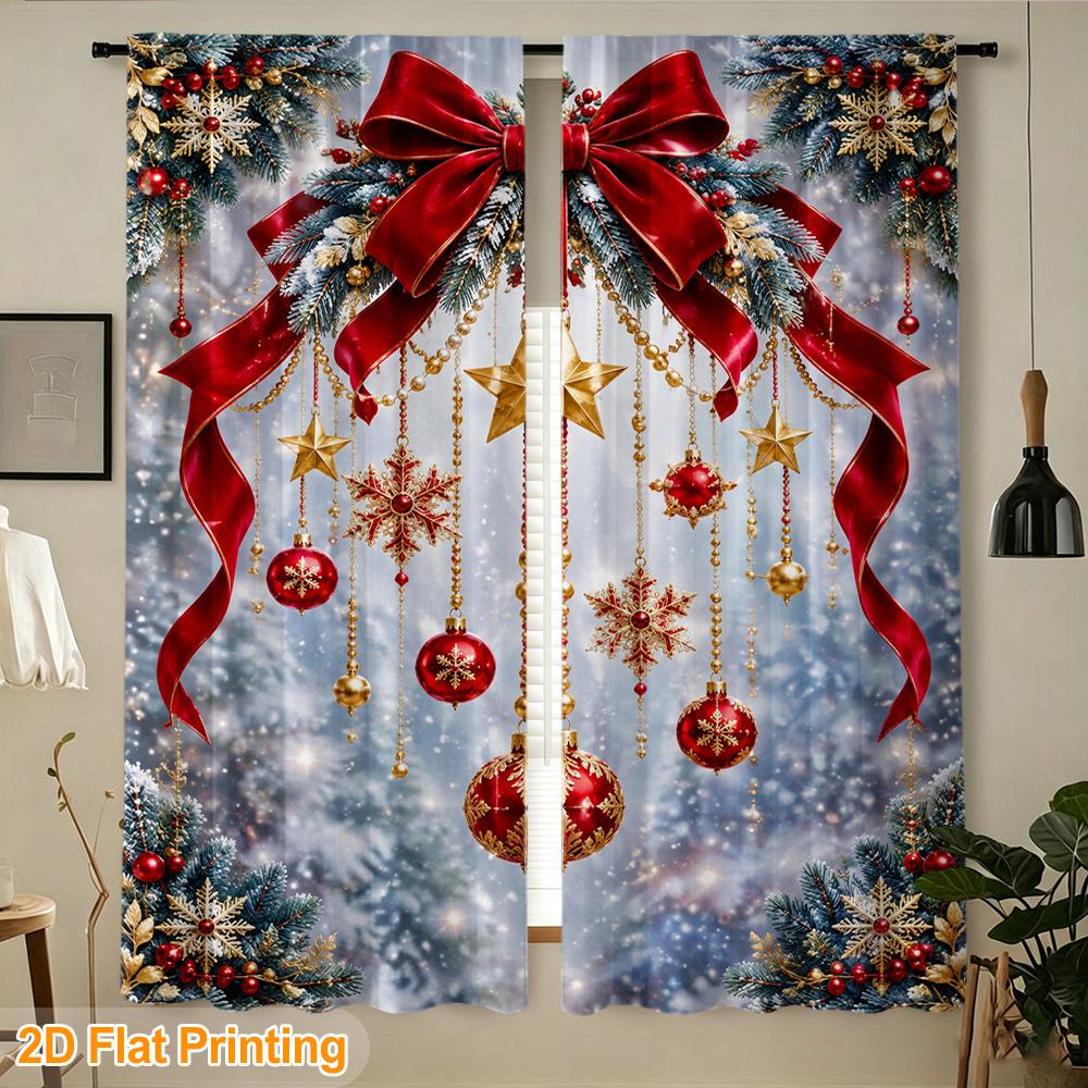 2pcs Rod Pocket Curtains with Red Golden Christmas Ornaments Print, Stylish Window Drapes for Home Decor Living Room Bedroom
