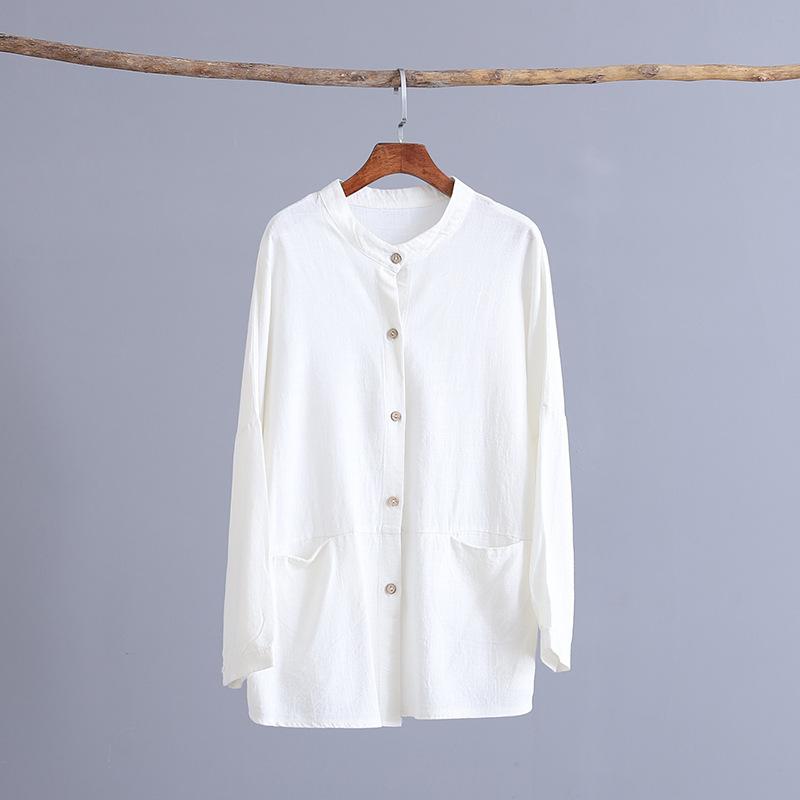

Johnature Autumn Vintage Shirts Women Button Pockets Solid Color Blouses O-Neck Long Sleeve Patchwork Tops One Size белый