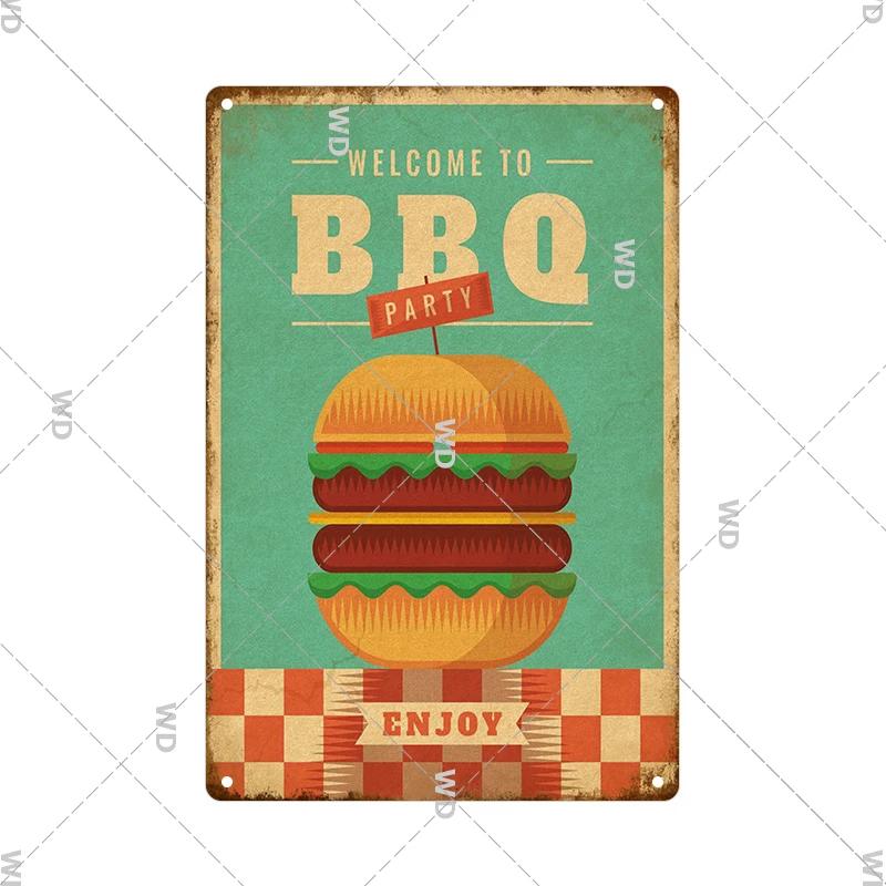 Dad's BBQ Party Metal Tin Plaque Retro Tin Signs Barbecue Rules Slogan Plate Vintage Grill Poster Yard Garden Kitchen Wall Decor