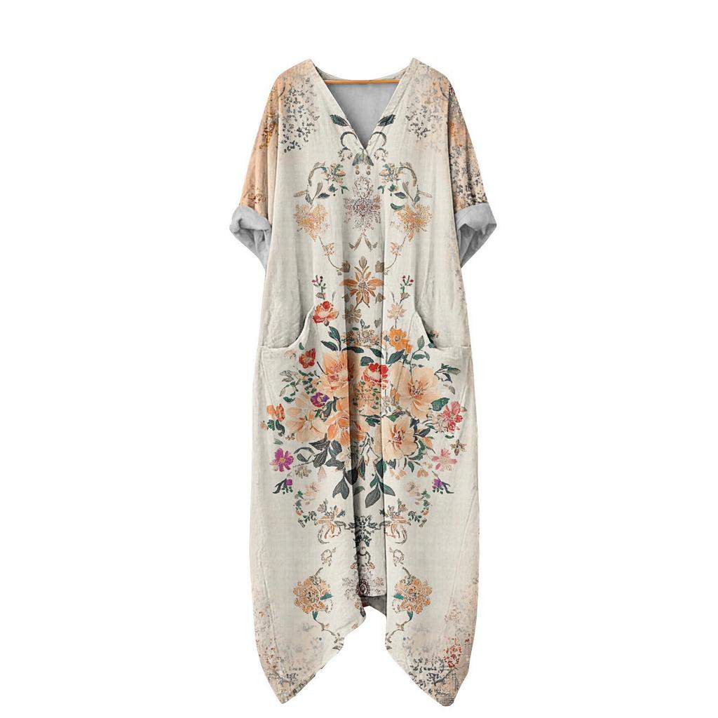 Luźna Sukienka Kaftan z Dekoltem V i Kwiatowym Wzorem z Kieszeniami Długi Rękaw Codzienna Sukienka Maxi dla Kobiet Wygodny Design