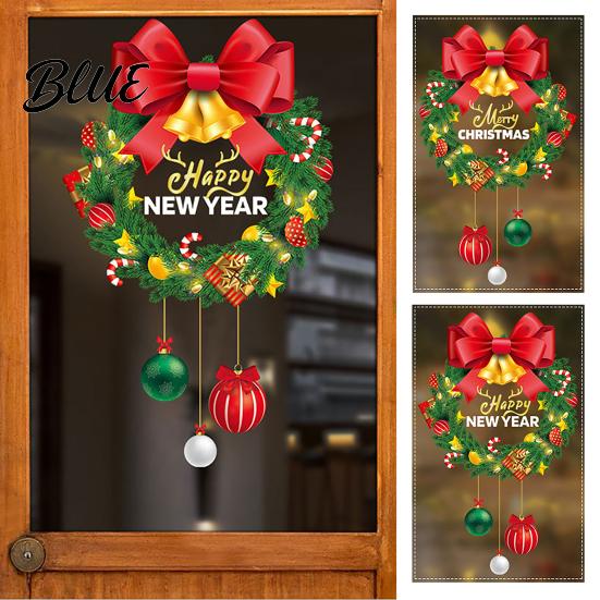 Winter Theme Glass Stickers Christmas Wreath Window Cling Reusable Static Sticker with Red Bow and Colorful Easy Install Ball Decor PVC Decal
