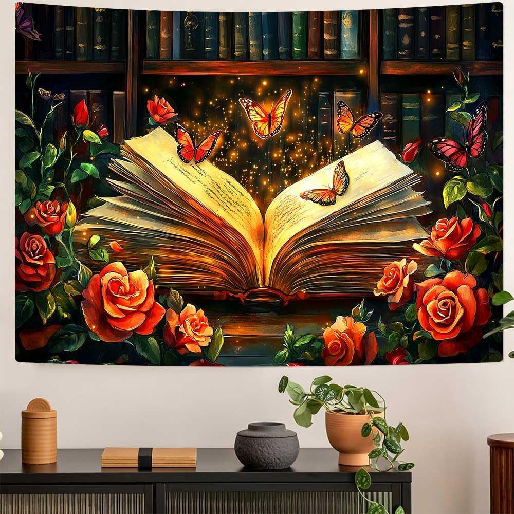 Magic Book Tapestry Pink Floral Dreamlike Butterflies Wall Hanging Tapestries for Bedroom Living Room College Dorm Aesthetic