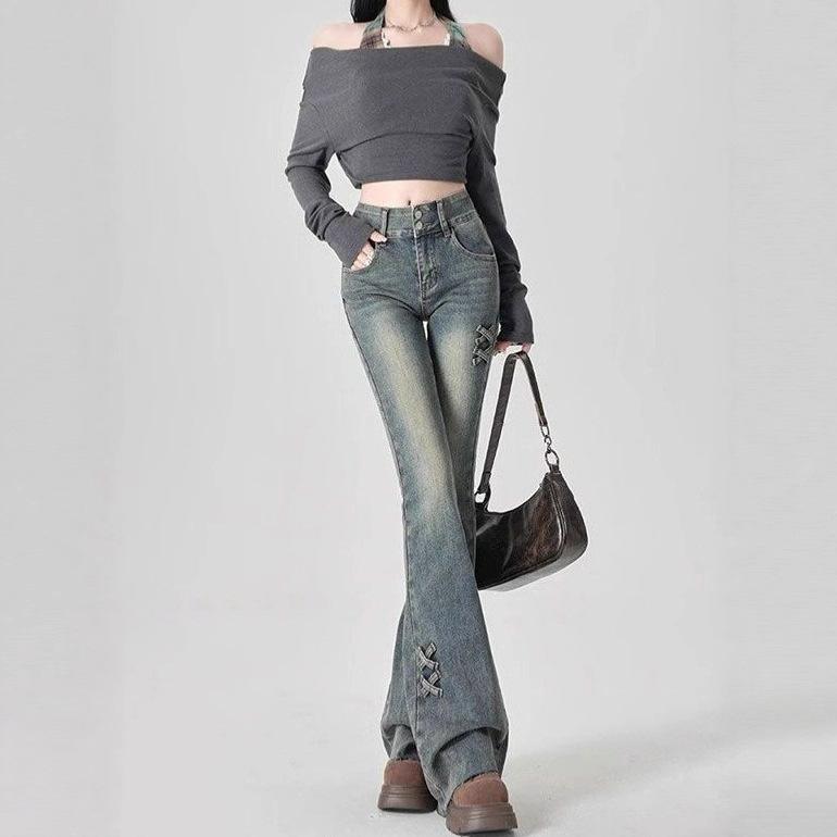 Comfortable Micro Flare Jeans Female Autumn Retro Blue High Waist Large Size Design Sense Niche Skinny Flare Trousers Jeans for Women Long Denim Pants