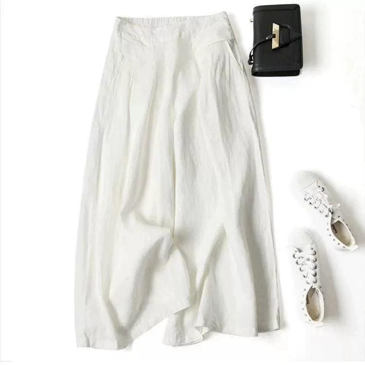 Women's Wide Leg Pants Elastic Mid Waist Cotton Linen Trousers Cropped Pants