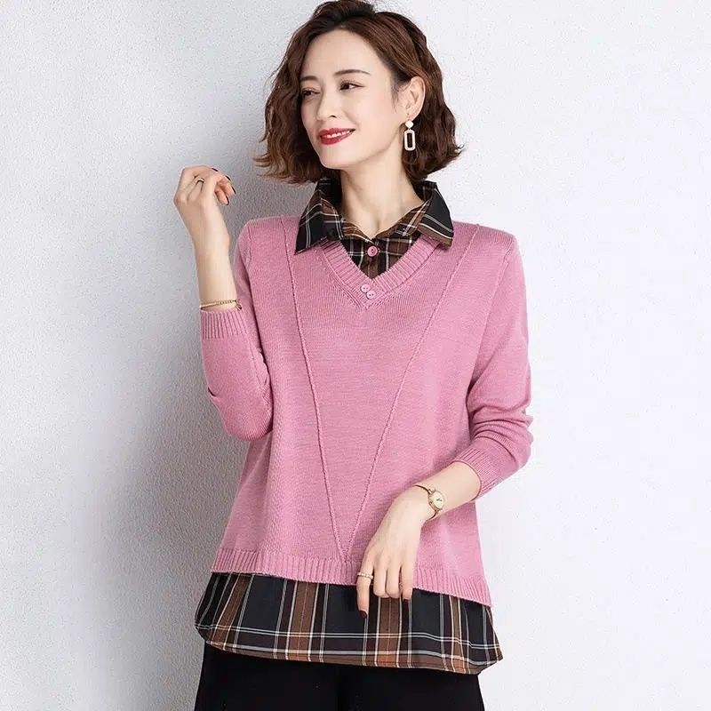 

Жіночий весняний светр-обманка з двох частин, сорочковим коміром, базовий светр, весняно-осінній вільний пуловер L рожевий