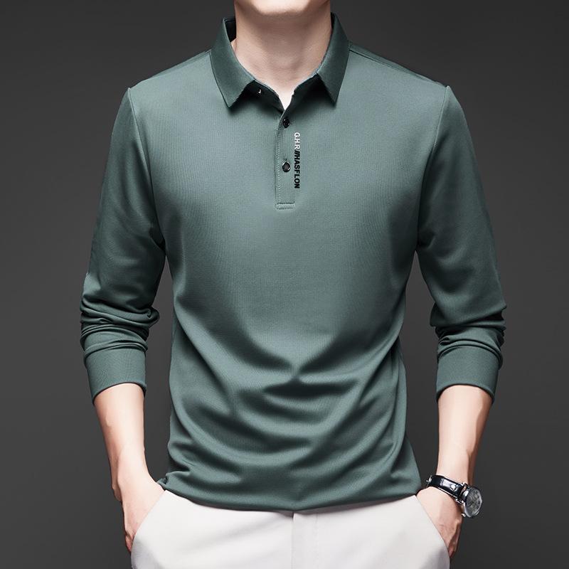 Men's Business Casual Long Sleeved Shirt with Badge Solid Color Polo Shirt Fashionable Breathable Comfortable Versatile Top