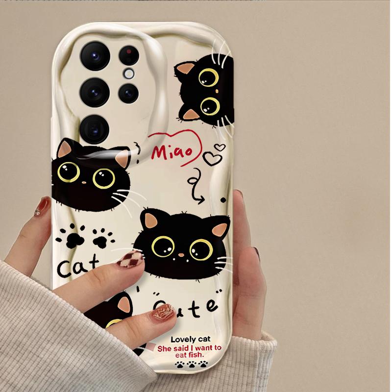 Cartoon Big Eyes Black Cat Case for Samsung Galaxy S25 S24 Ultra S23 S22 S21 S20 Plus FE A56 A36 A26 A17 A07 Soft Silicone Etui