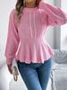 Damen Einfarbig Zopfmuster Peplum Saum Ballonärmel Langarm Rundhalsausschnitt Pullover Pullover Oberteil