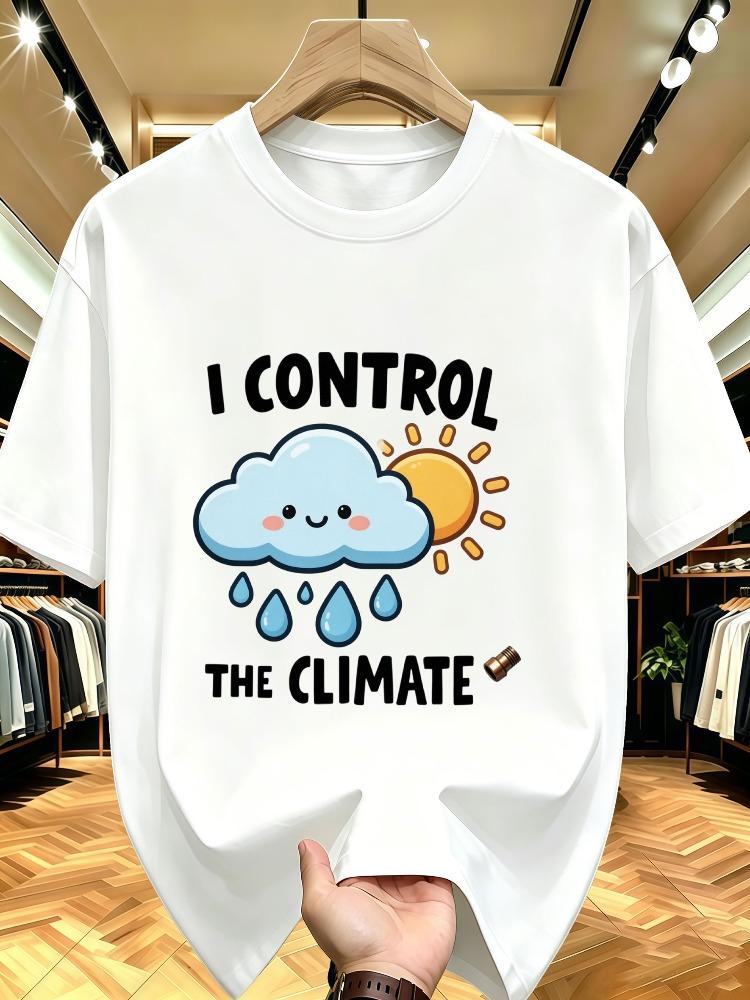 Men O Neck Tee Cloud Sun Climate Slogan Print Cotton Short Sleeve Loose Summer Street Daily Cas