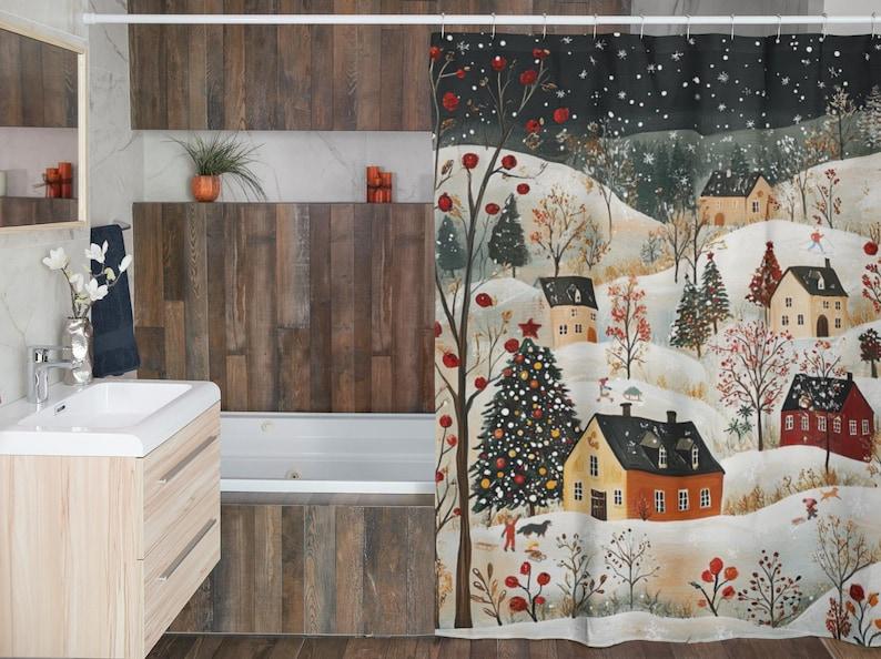 

Winter Wonderland Farmhouse Shower Curtain With Christmas Village & Snowy Countryside Design, Retro Snow Scene Bathroom Decor W60H190(CM)-1 Pcs