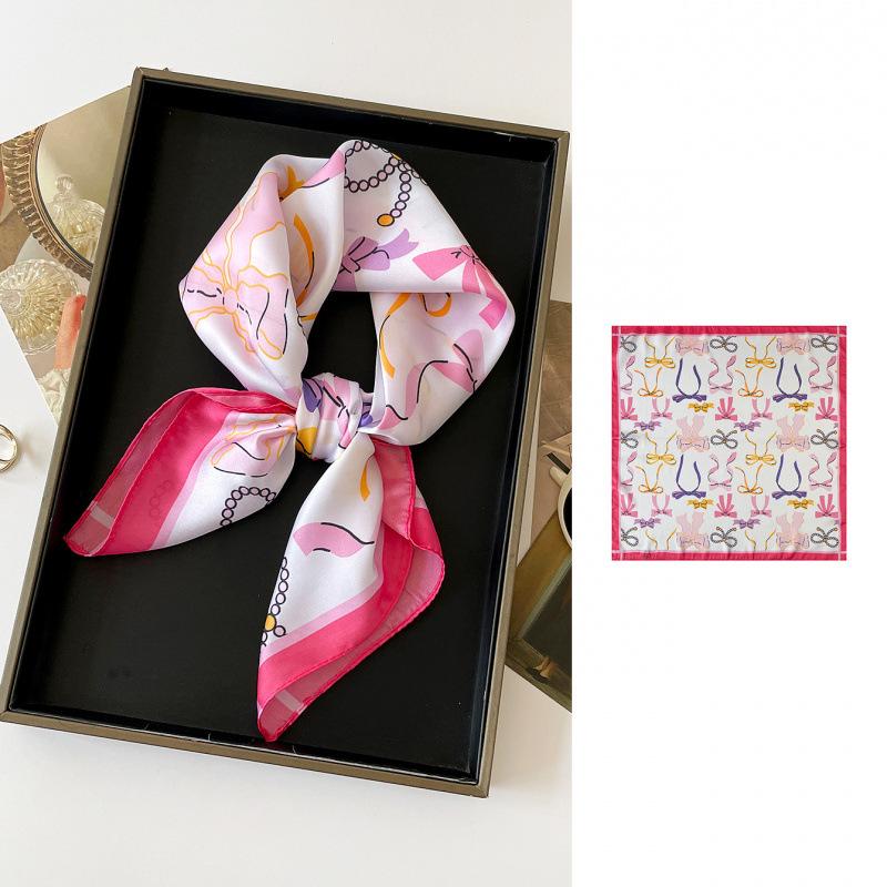 Fresh Color Bow Printing Small Square Scarf Sweet Silk Scarf Versatile Decorative Scarf Scarf Scarf Supply
