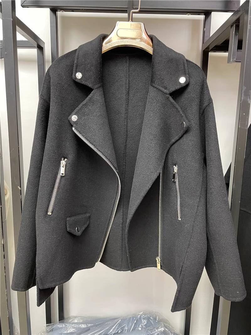 

Spring, autumn and winter zipper double-sided woolen coat coat women s wool woolen simple versatile casual commuting temperament S чорний