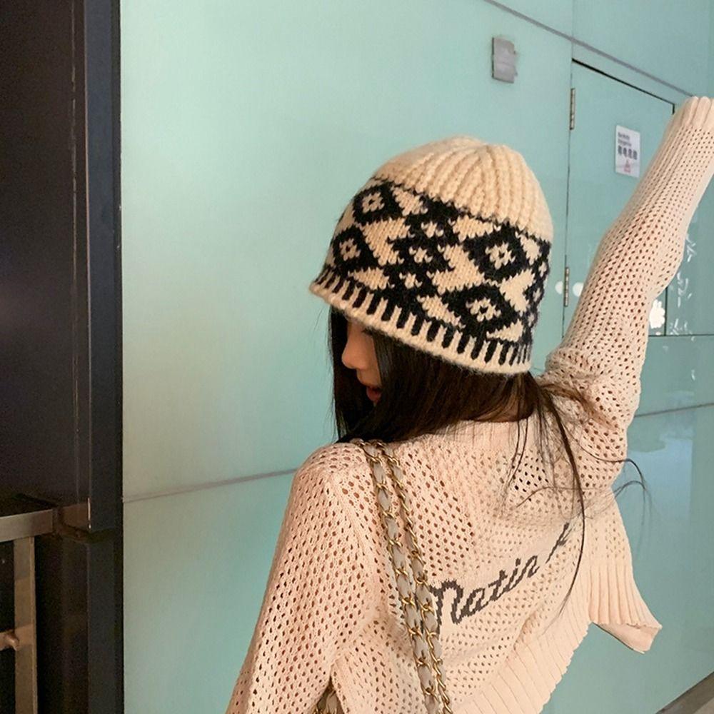Grid Jacquard Knitted Hat Warm Printing Knit Cap Casual Beanies Apparel Accessories