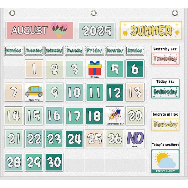 Classroom Calendar Pocket Chart Display And Weather Station Set-Groovy Classroom Decor,Class Calendar Kit for Classroom Organization,Bulletin Board