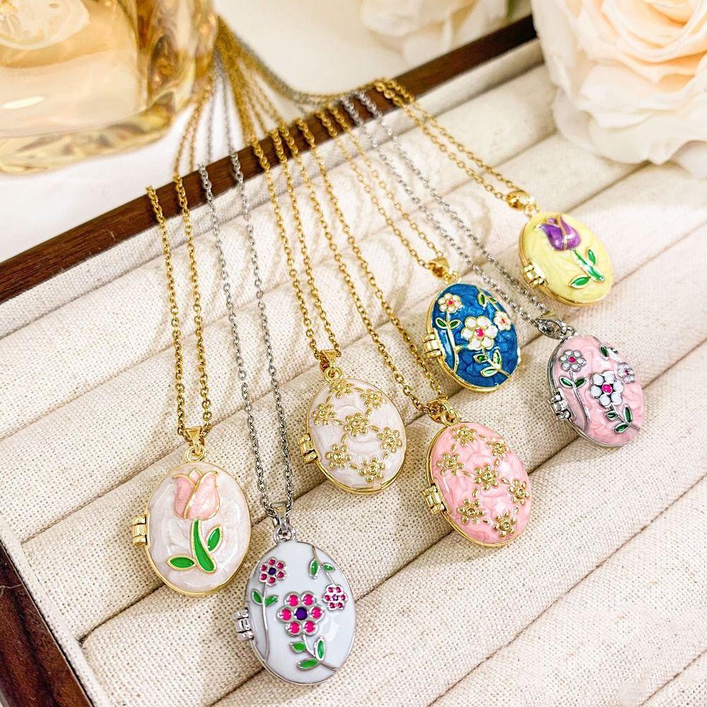 Titanium Steel Photo Locket Pendant Necklace Openable Glazed Flower Choker  Girl