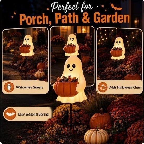 Halloween Ghost Candy Holder Garden Stake, Pumpkin Bowl Outdoor Yard Decor for Holiday Party