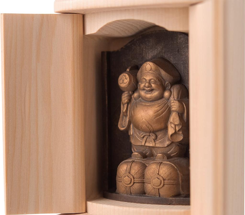 Daikokuten Buddha statue in a shrine (gold finish) - talismanic deity, ISM Seven Lucky Gods figurine