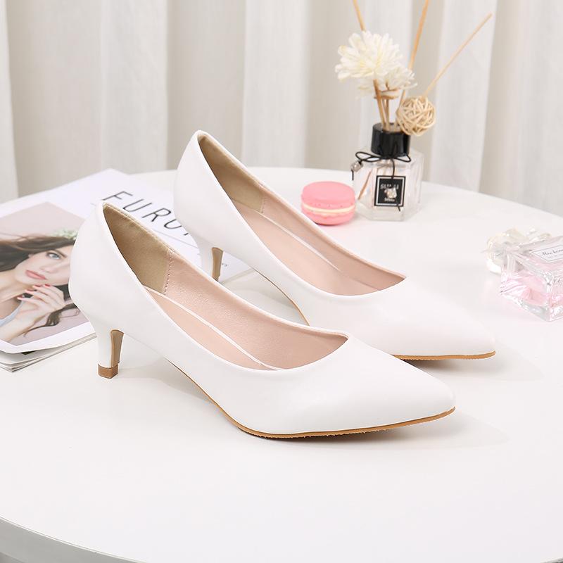 6CM Middle Heel Shallow Mouth Pointed Single Shoes White Work Footwear Professional High-heeled Shoes Women Wedding Shoes Bride